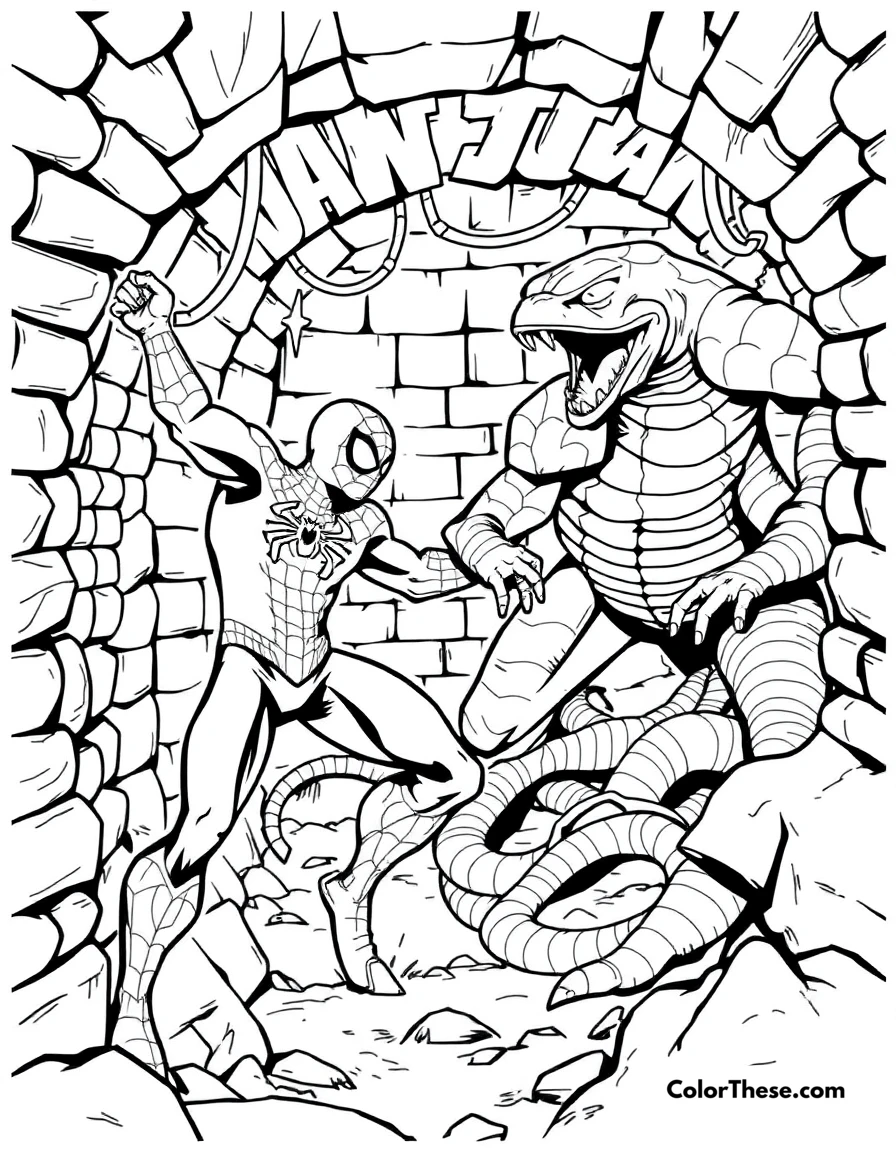 Free printable spiderman and lizard coloring page for kids and adults. Spiderman battling the Lizard in the sewers.