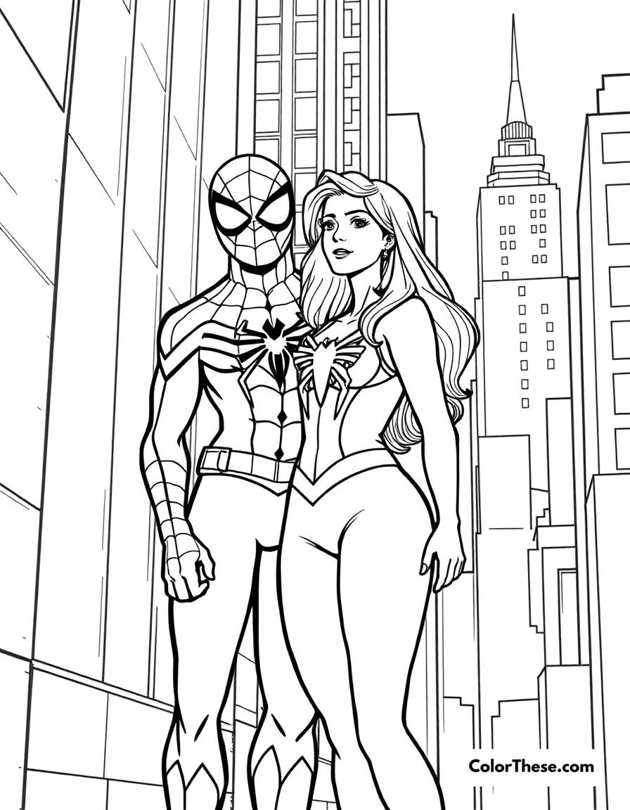 Free printable spiderman and mary jane coloring page for kids and adults. Spiderman and Mary Jane standing together in the city.