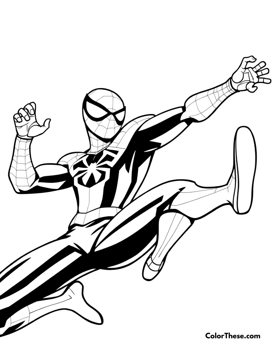 Free printable spiderman and miles morales coloring page for kids and adults. Spiderman and Miles Morales swinging together.