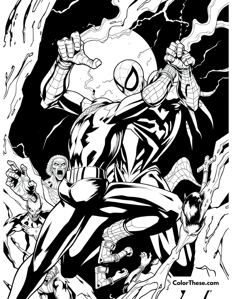 Free printable spiderman and morbius coloring page for kids and adults. Spiderman battling Morbius in a dark scene.