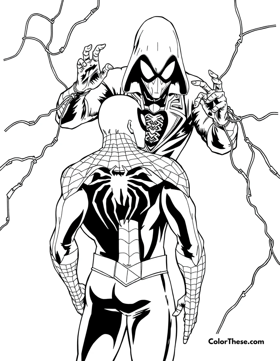 Free printable spiderman and mysterio coloring page for kids and adults. Spiderman facing off against Mysterio in a mysterious scene.
