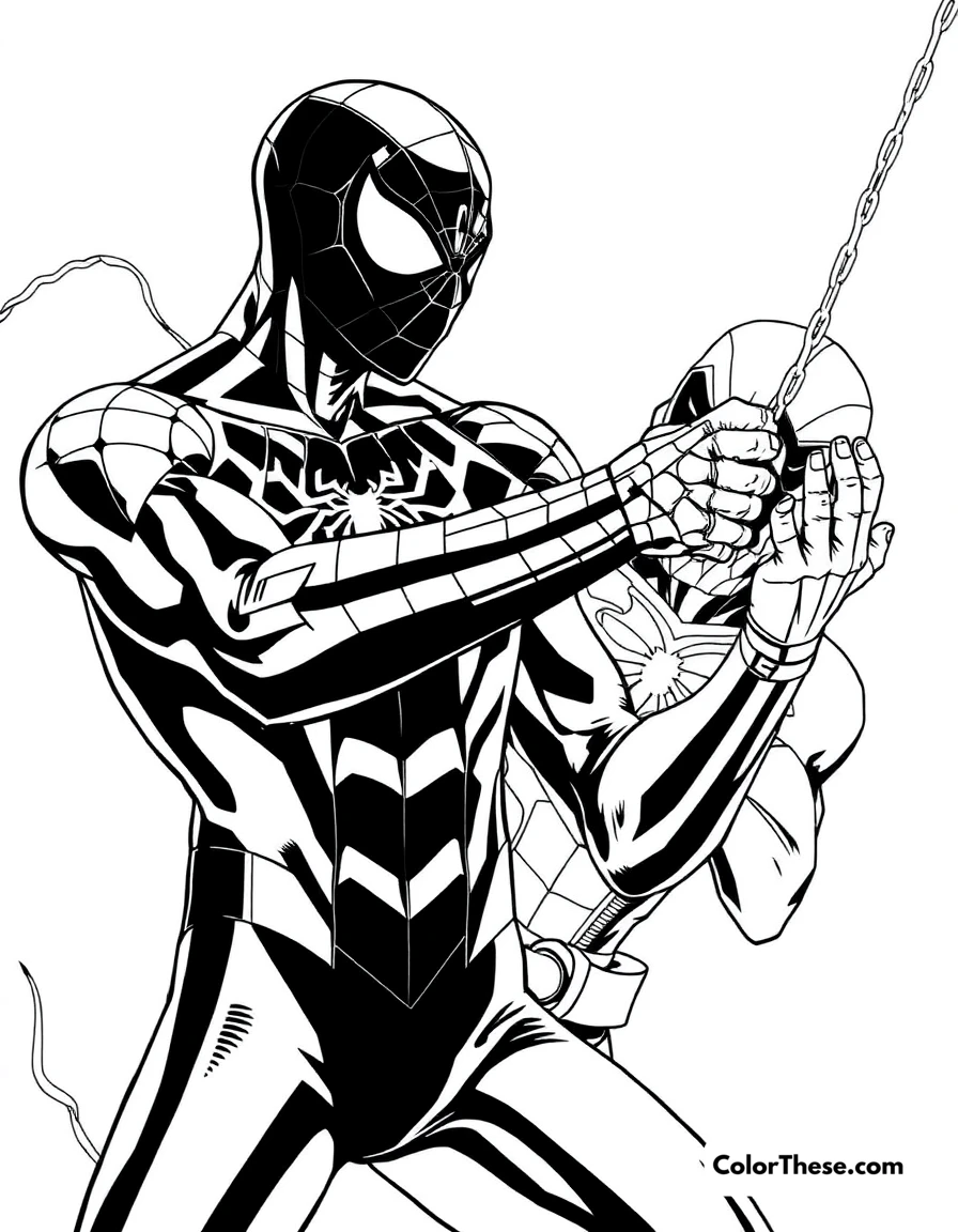 Free printable spiderman and prowler coloring page for kids and adults. Spiderman facing Prowler in a stealthy scene.