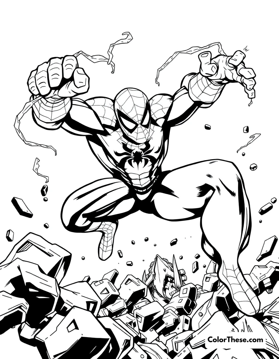 Free printable spiderman and rhino coloring page for kids and adults. Spiderman battling Rhino in a high-impact scene.