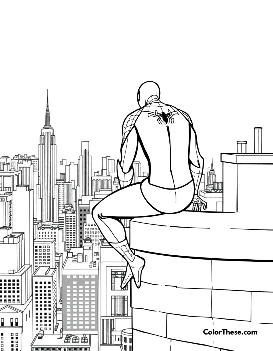 Free printable spiderman on a rooftop coloring page for kids and adults. Spiderman perched on a rooftop, looking over the city.
