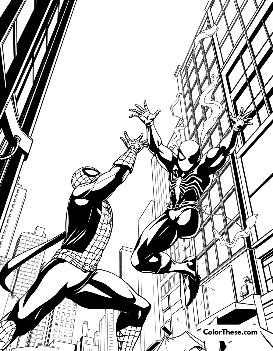 Free printable spiderman and sandman coloring page for kids and adults. Spiderman battling Sandman in the city.