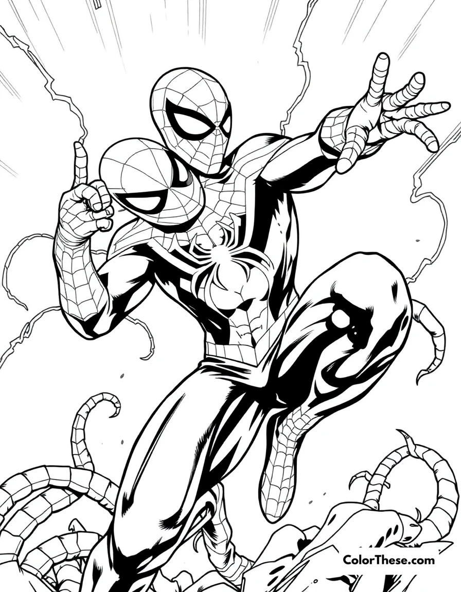 Free printable spiderman and scorpion coloring page for kids and adults. Spiderman battling Scorpion in a dangerous scene.