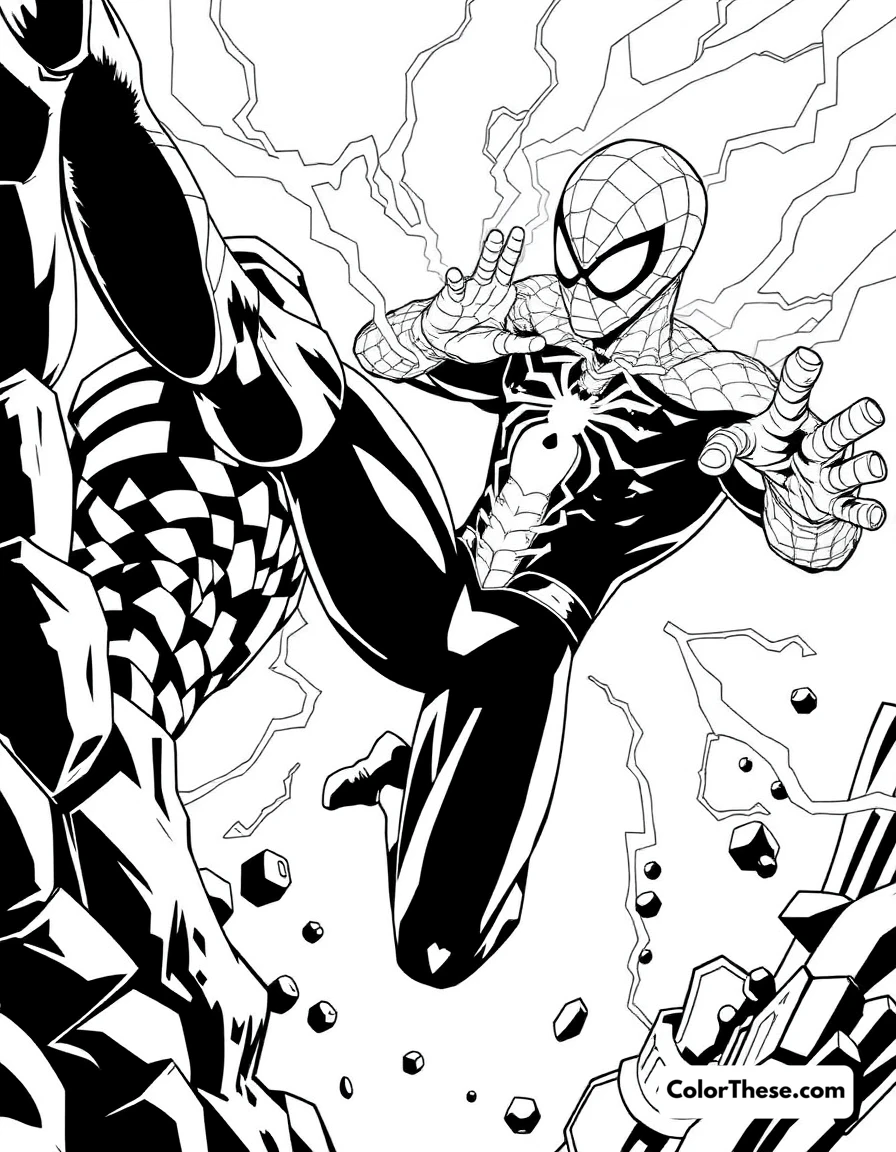 Free printable spiderman and shocker coloring page for kids and adults. Spiderman battling Shocker in an electrifying scene.