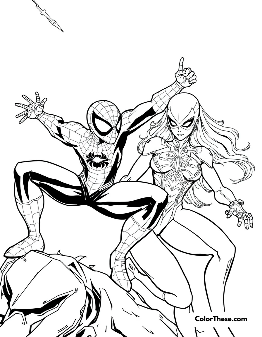 Free printable spiderman and silver sable coloring page for kids and adults. Spiderman and Silver Sable in a dynamic scene.