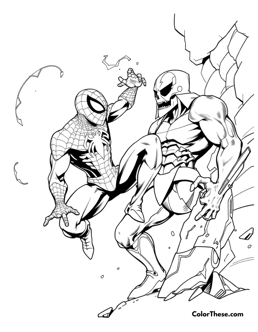 Free printable spiderman and tombstone coloring page for kids and adults. Spiderman battling Tombstone in a gritty scene.