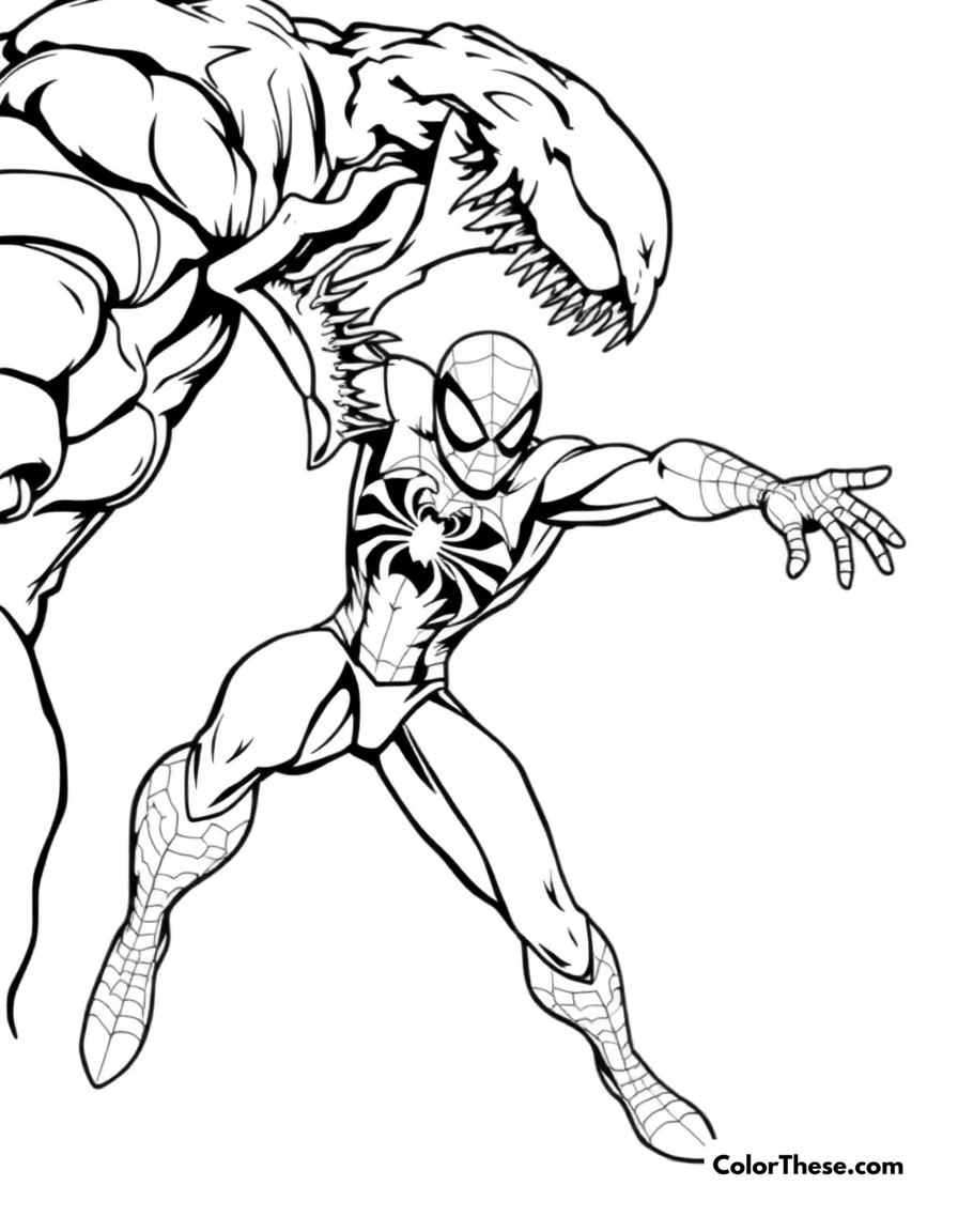 Free printable spiderman facing venom coloring page for kids and adults. Spiderman in a battle stance against Venom.