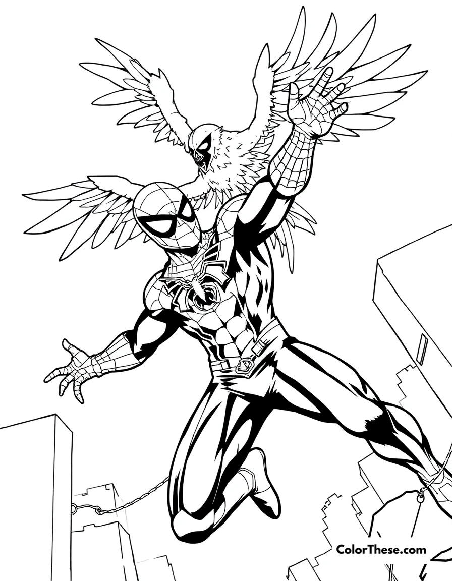 Free printable spiderman and vulture coloring page for kids and adults. Spiderman battling the Vulture in the sky.