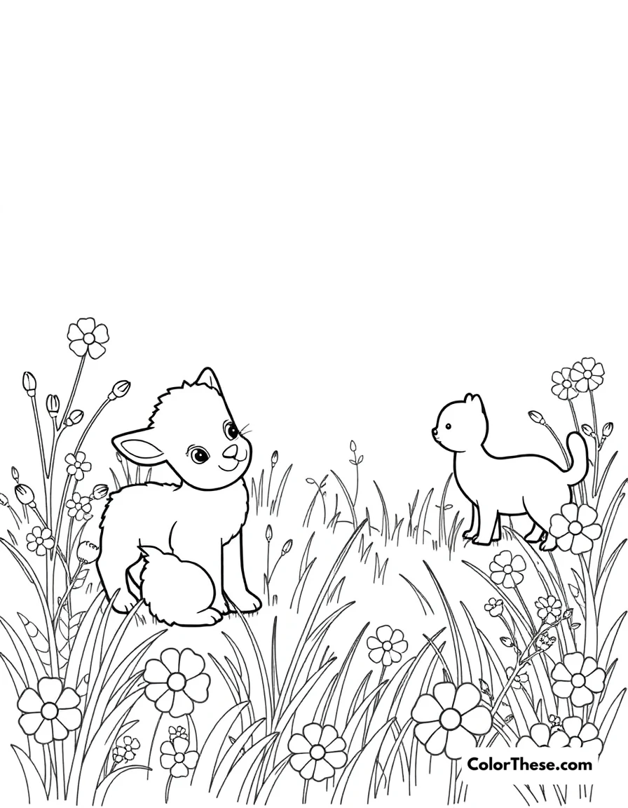 Free printable baby animals in the meadow coloring page for kids and adults. A meadow scene with baby animals enjoying spring.