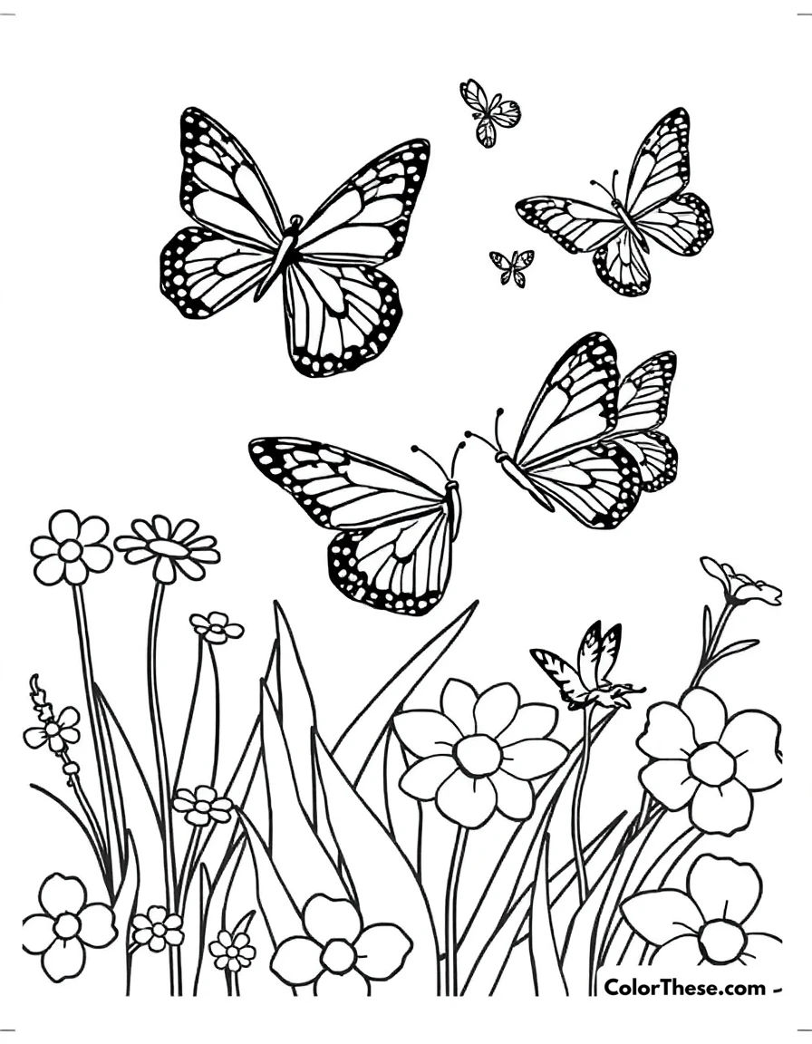 Free printable butterflies in the garden coloring page for kids and adults. Butterflies fluttering around a spring garden.