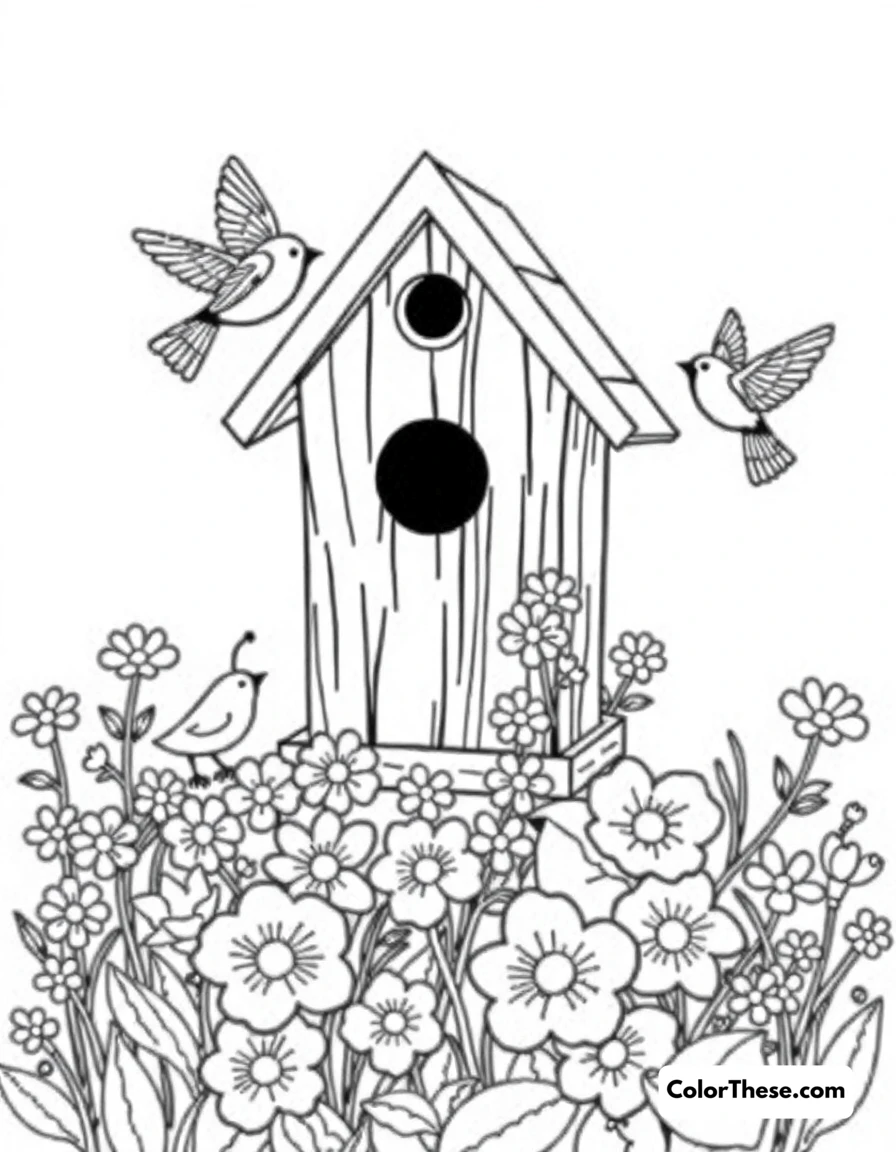 Free printable spring birdhouse coloring page for kids and adults. A birdhouse surrounded by flowers and birds in spring.