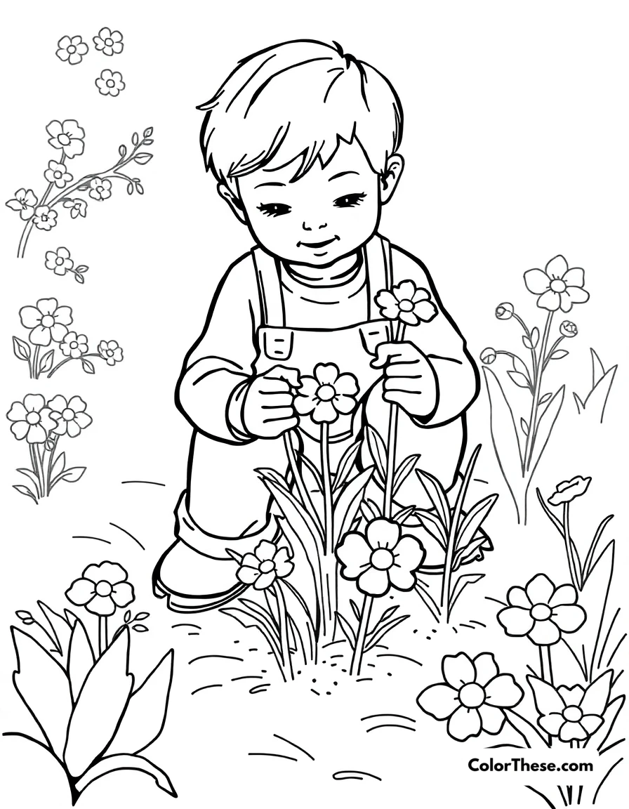 Free printable spring gardening coloring page for kids and adults. A child planting flowers in a spring garden.