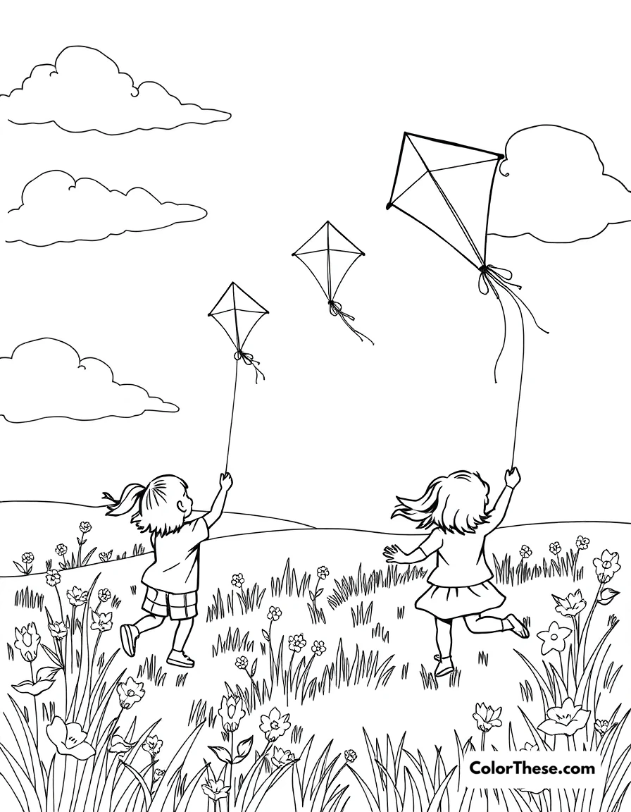 Free printable spring kite flying coloring page for kids and adults. Children flying kites in a spring field.