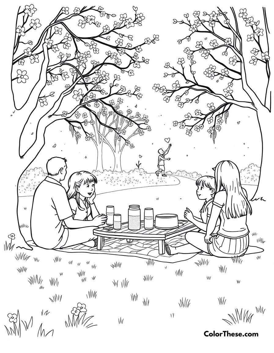 Free printable spring picnic in the park coloring page for kids and adults. A family enjoying a picnic in the park during spring.
