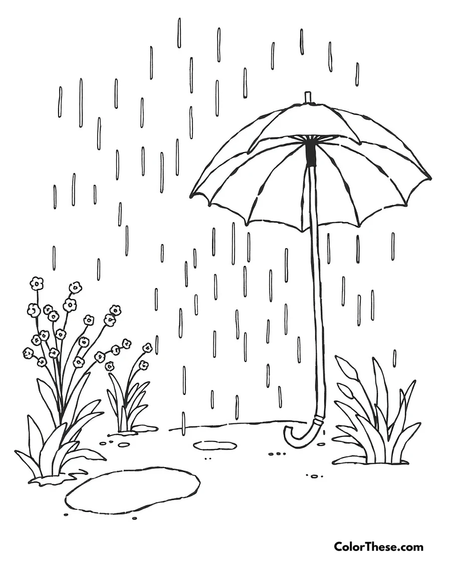 Free printable spring rain showers coloring page for kids and adults. A scene of spring rain with umbrellas and puddles.