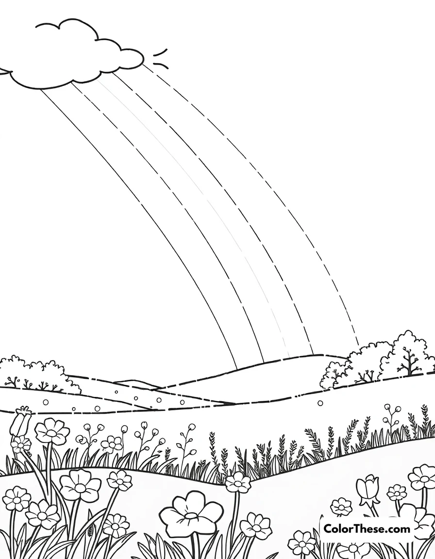 Free printable spring rainbow coloring page for kids and adults. A rainbow over a spring landscape.