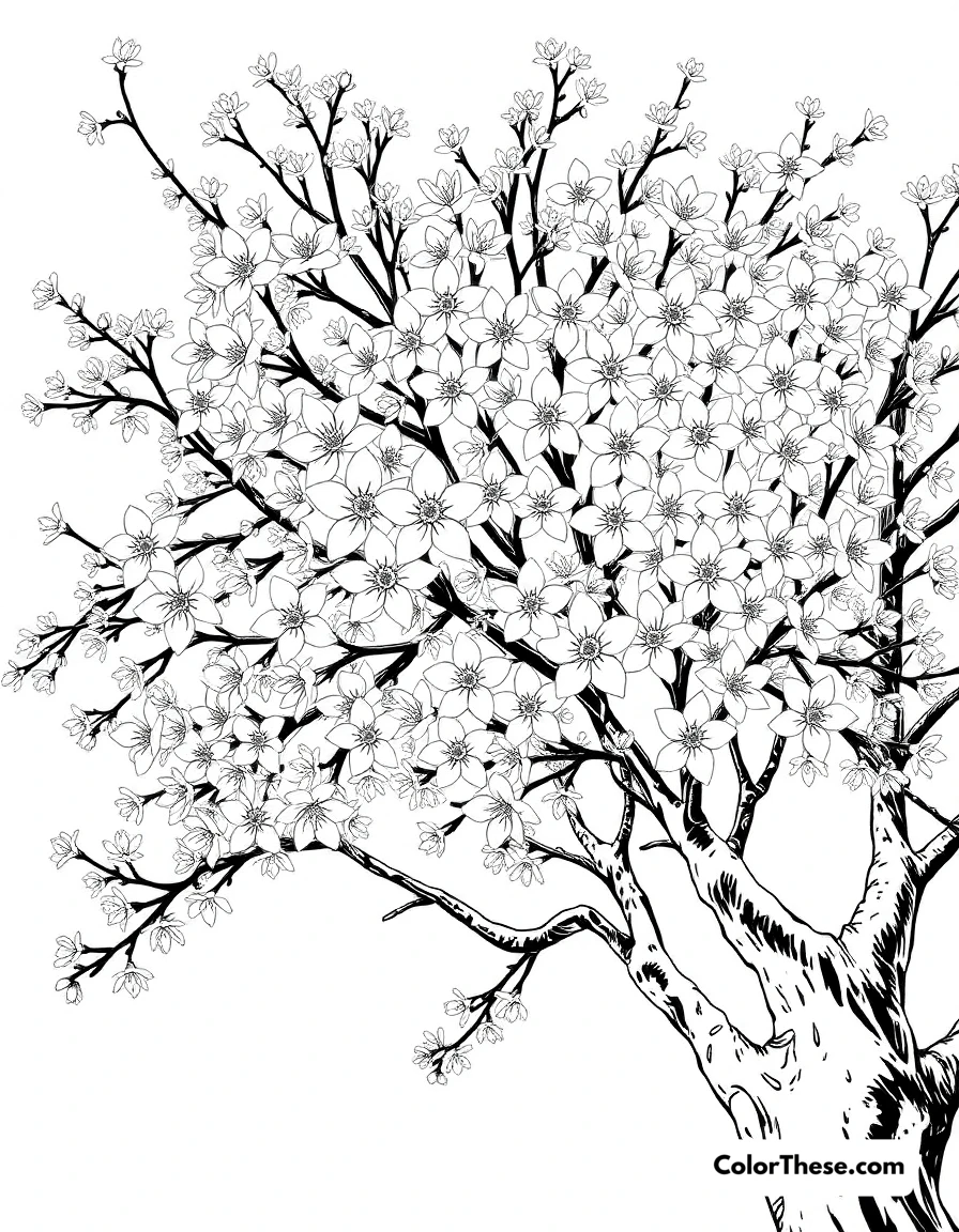 Free printable spring tree blossoms coloring page for kids and adults. A tree full of blossoms in spring.