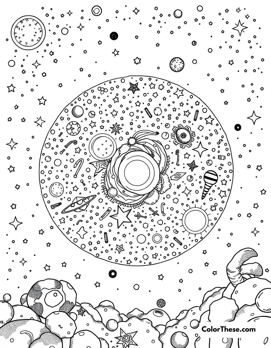 Free printable galaxy of stars coloring page for kids and adults. A galaxy filled with countless stars and cosmic elements.