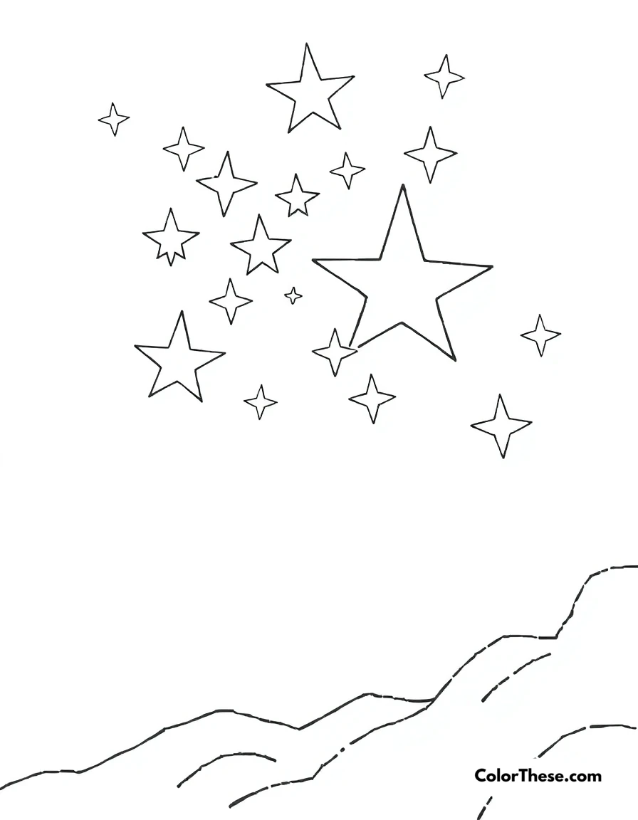 Free printable star cluster coloring page for kids and adults. A cluster of stars shining brightly in the night sky.