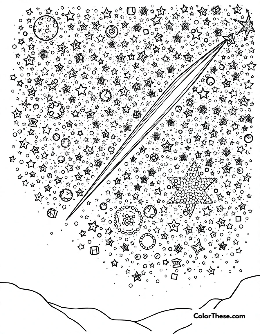 Free printable star and comet coloring page for kids and adults. A starry sky with a comet streaking by.