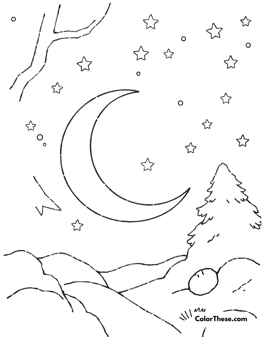 Free printable star and moon night coloring page for kids and adults. A peaceful night scene with stars and a crescent moon.