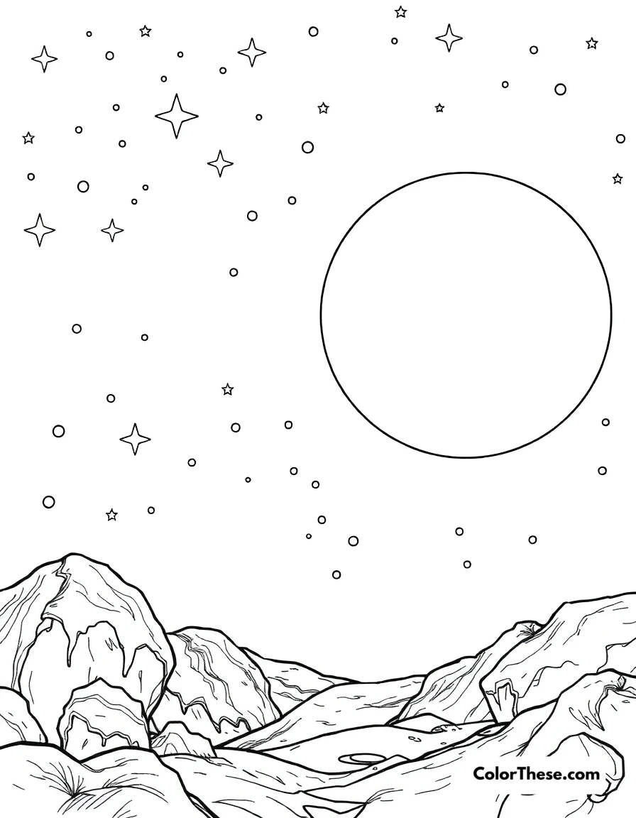 Free printable star and planet scene coloring page for kids and adults. A scene with stars and a distant planet in the cosmos.