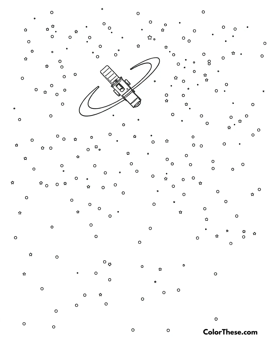 Free printable star and satellite coloring page for kids and adults. A starry sky with a satellite orbiting above.