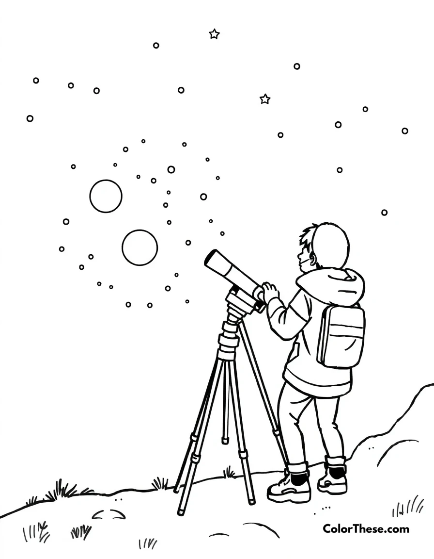 Free printable star and telescope coloring page for kids and adults. A stargazer using a telescope to explore the night sky.