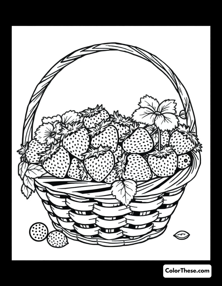 Free printable strawberry basket coloring page for kids and adults. A basket filled with freshly picked strawberries.