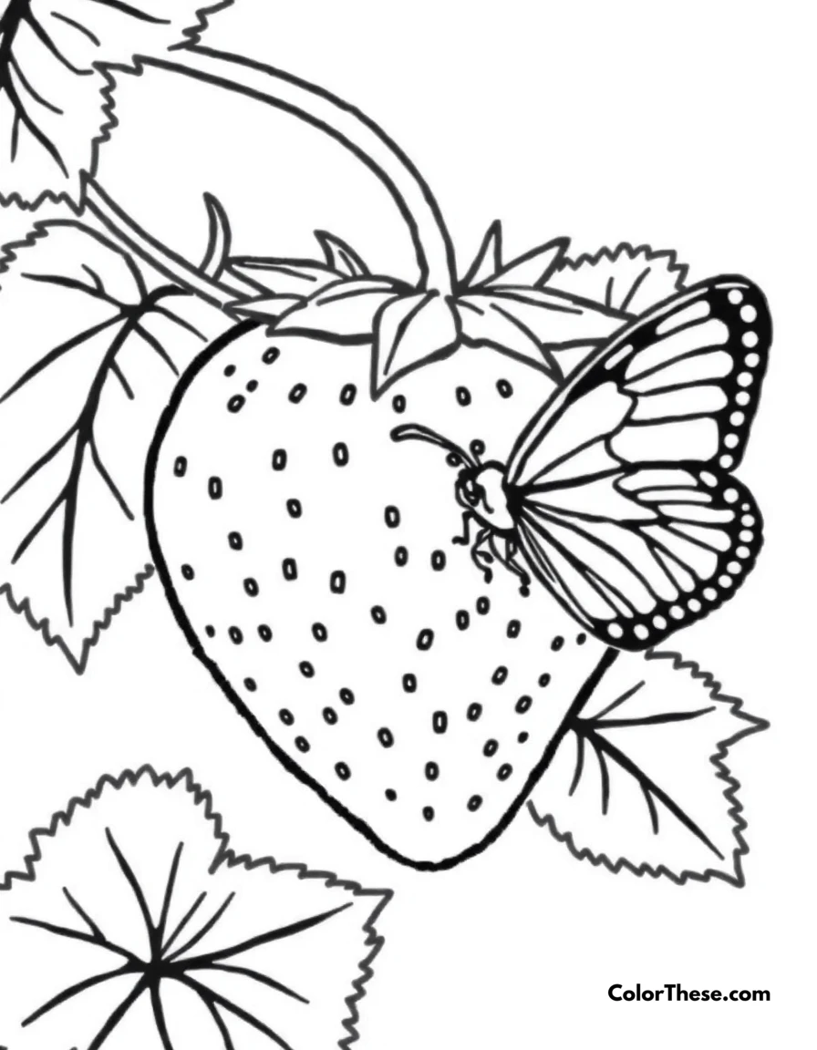Free printable strawberry and butterfly coloring page for kids and adults. A strawberry with a butterfly resting nearby.