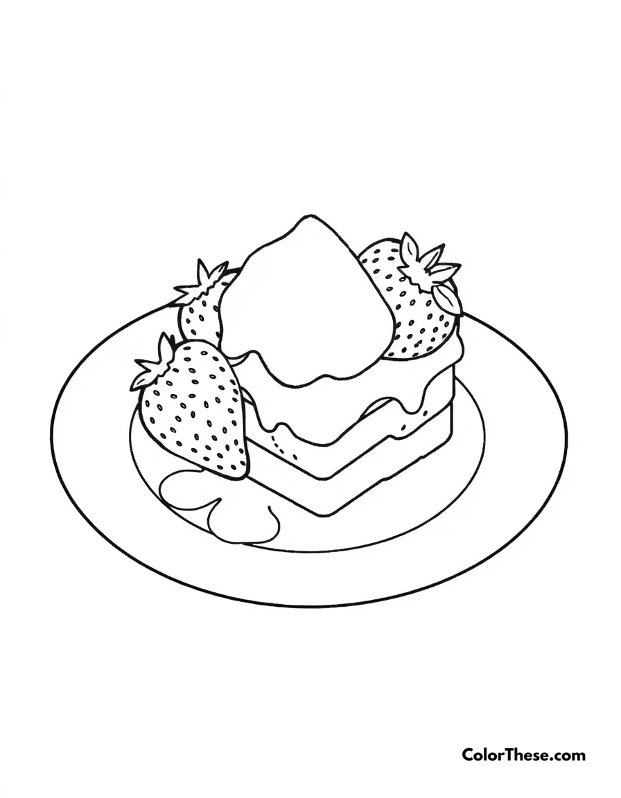 Free printable strawberry dessert coloring page for kids and adults. A delicious strawberry dessert on a plate.