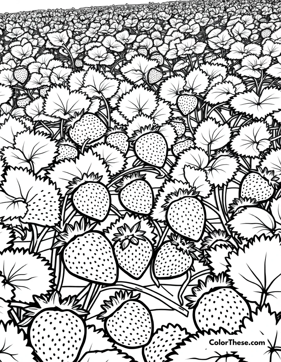 Free printable strawberry field coloring page for kids and adults. A field full of ripe strawberries ready for picking.