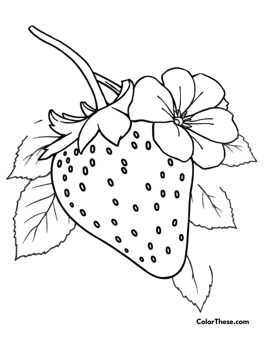 Free printable strawberry and flower coloring page for kids and adults. A strawberry with a blooming flower nearby.