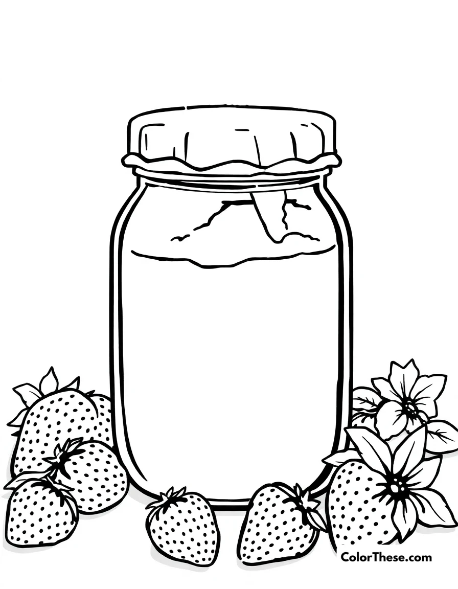 Free printable strawberry jam jar coloring page for kids and adults. A jar of homemade strawberry jam.