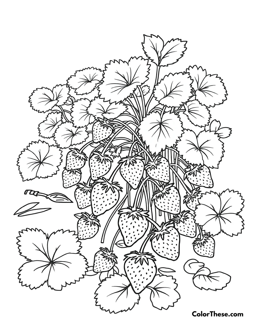 Free printable strawberry patch coloring page for kids and adults. A patch of strawberries growing in a garden.