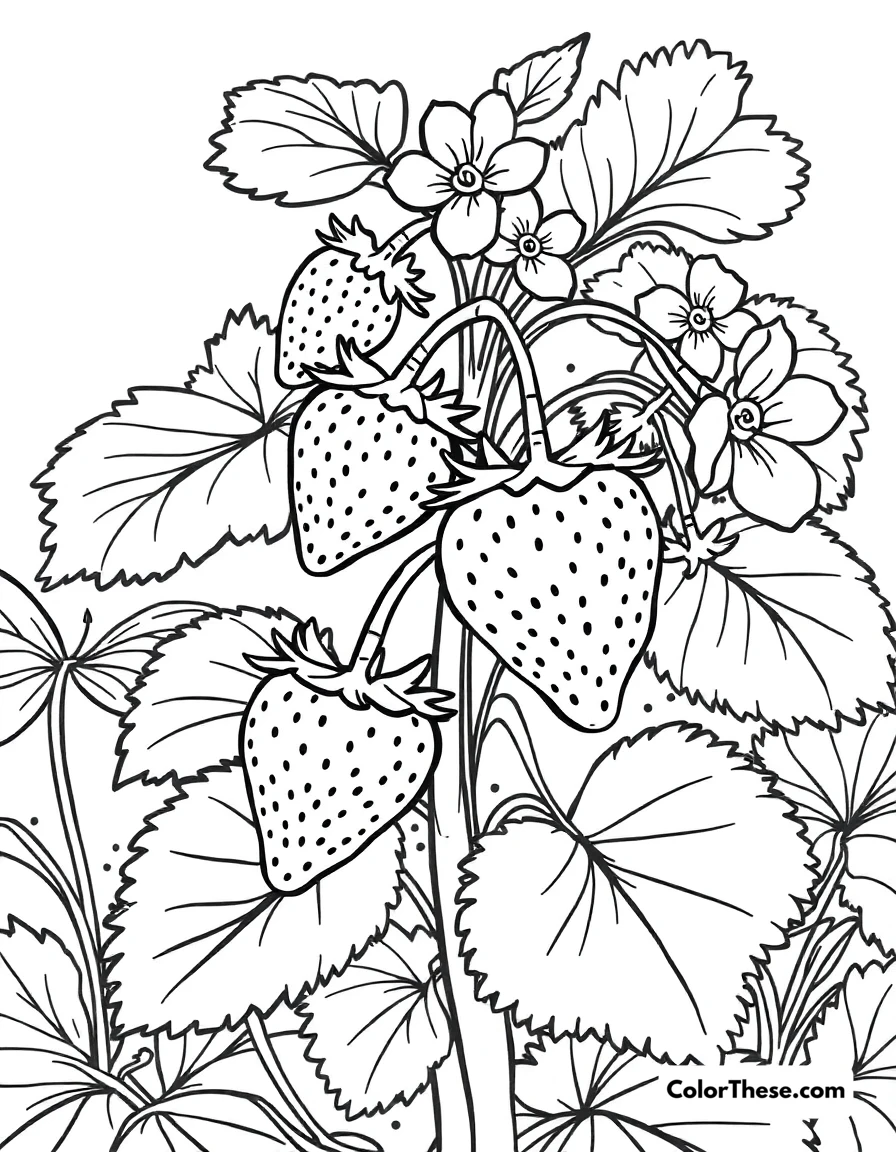 Free printable strawberry plant coloring page for kids and adults. A strawberry plant with ripe fruit and flowers.