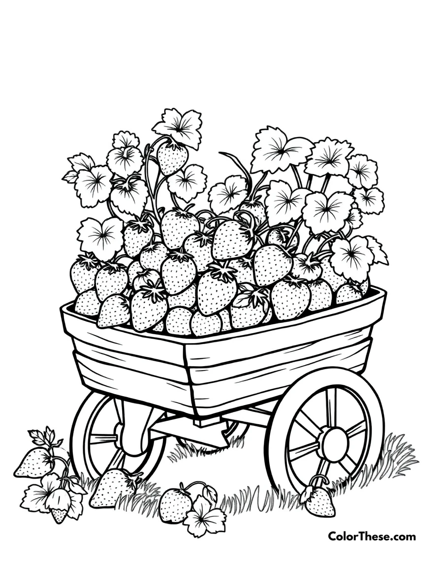 Free printable strawberry wagon coloring page for kids and adults. A wagon filled with freshly picked strawberries.