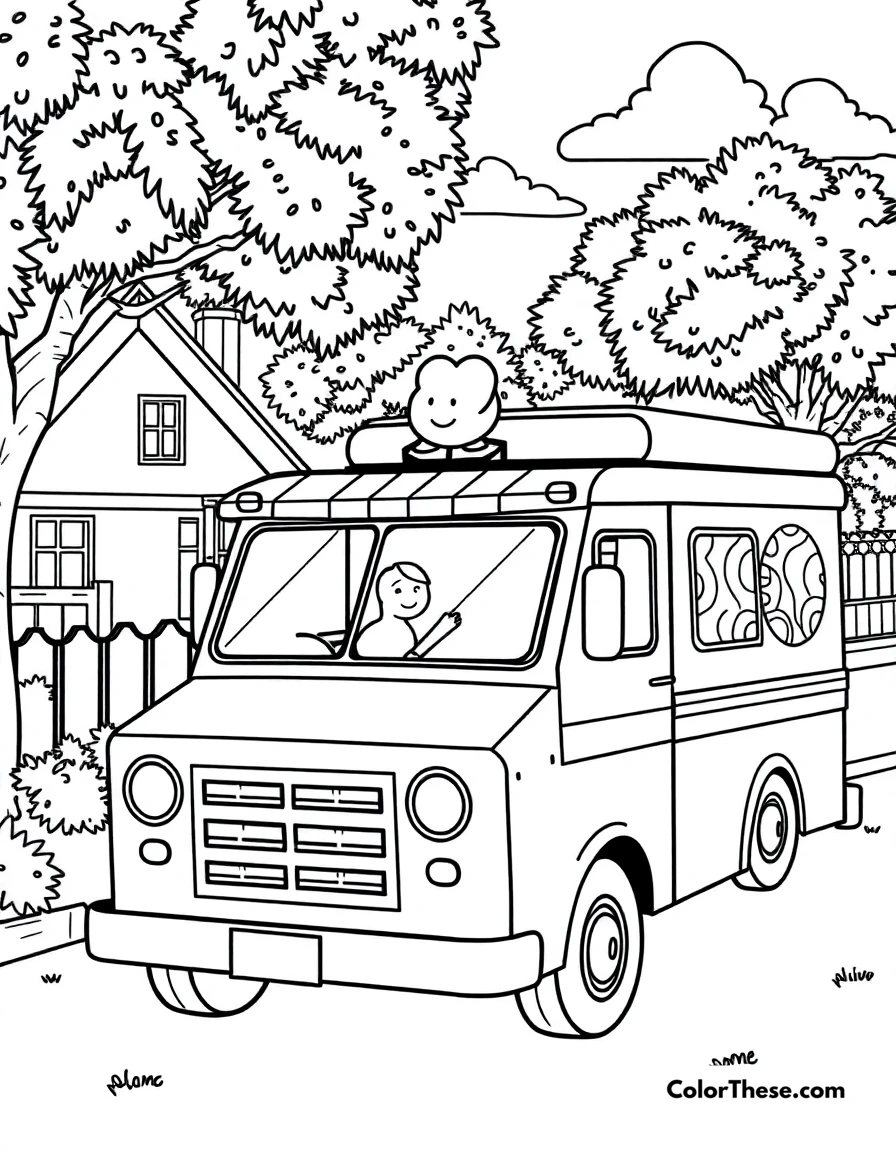 Free printable ice cream truck coloring page for kids and adults. An ice cream truck parked in a summer neighborhood.