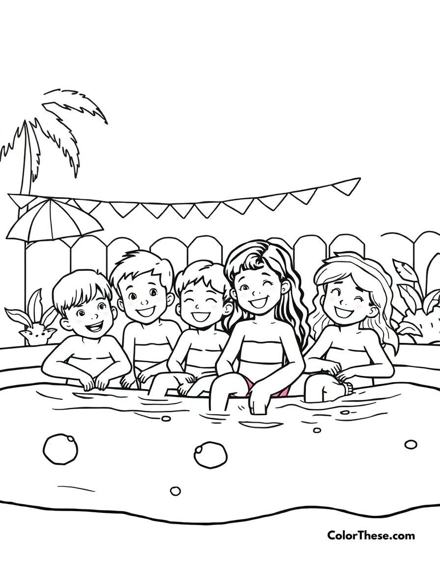 Free printable pool party coloring page for kids and adults. Kids enjoying a pool party on a summer day.