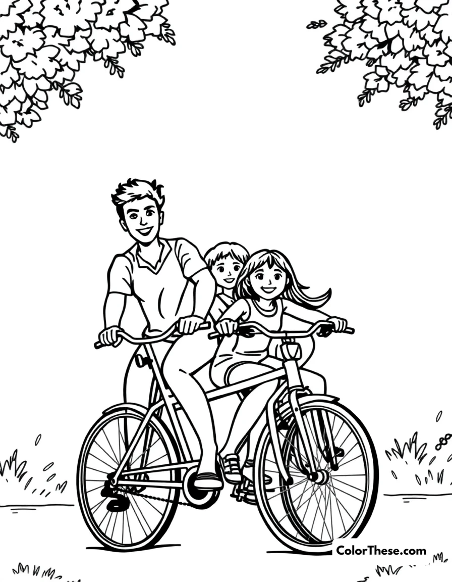 Free printable summer bike ride coloring page for kids and adults. A family enjoying a bike ride on a summer day.