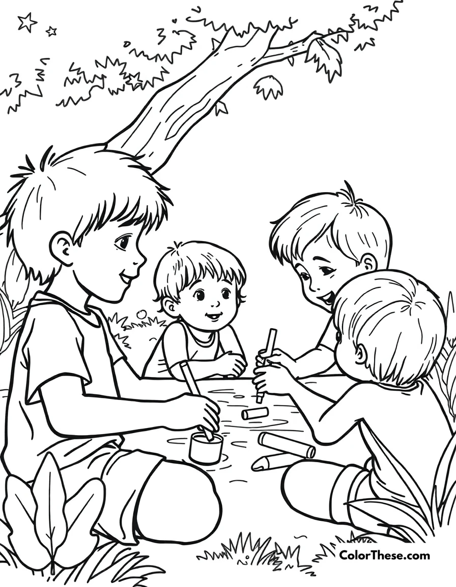Free printable summer camp coloring page for kids and adults. Kids enjoying activities at a summer camp.