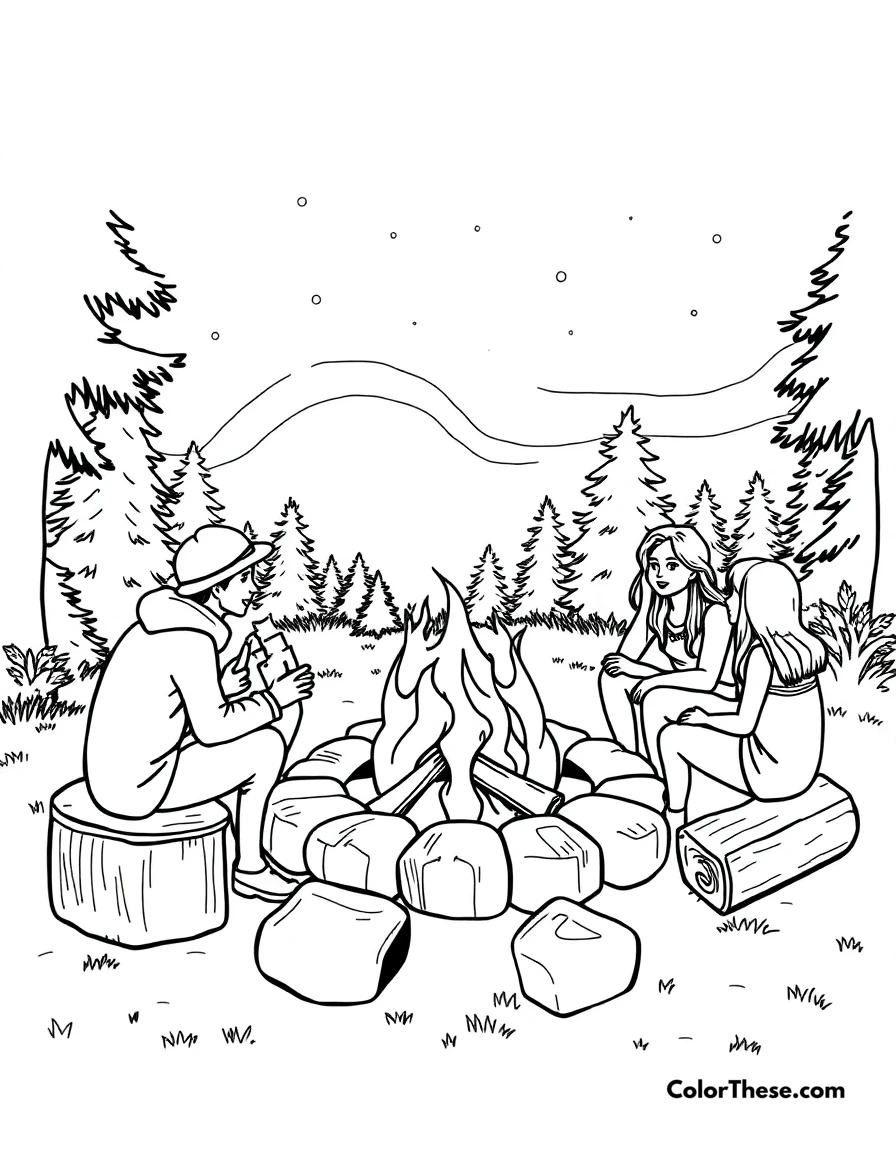 Free printable summer campfire coloring page for kids and adults. A cozy campfire with friends on a summer night.