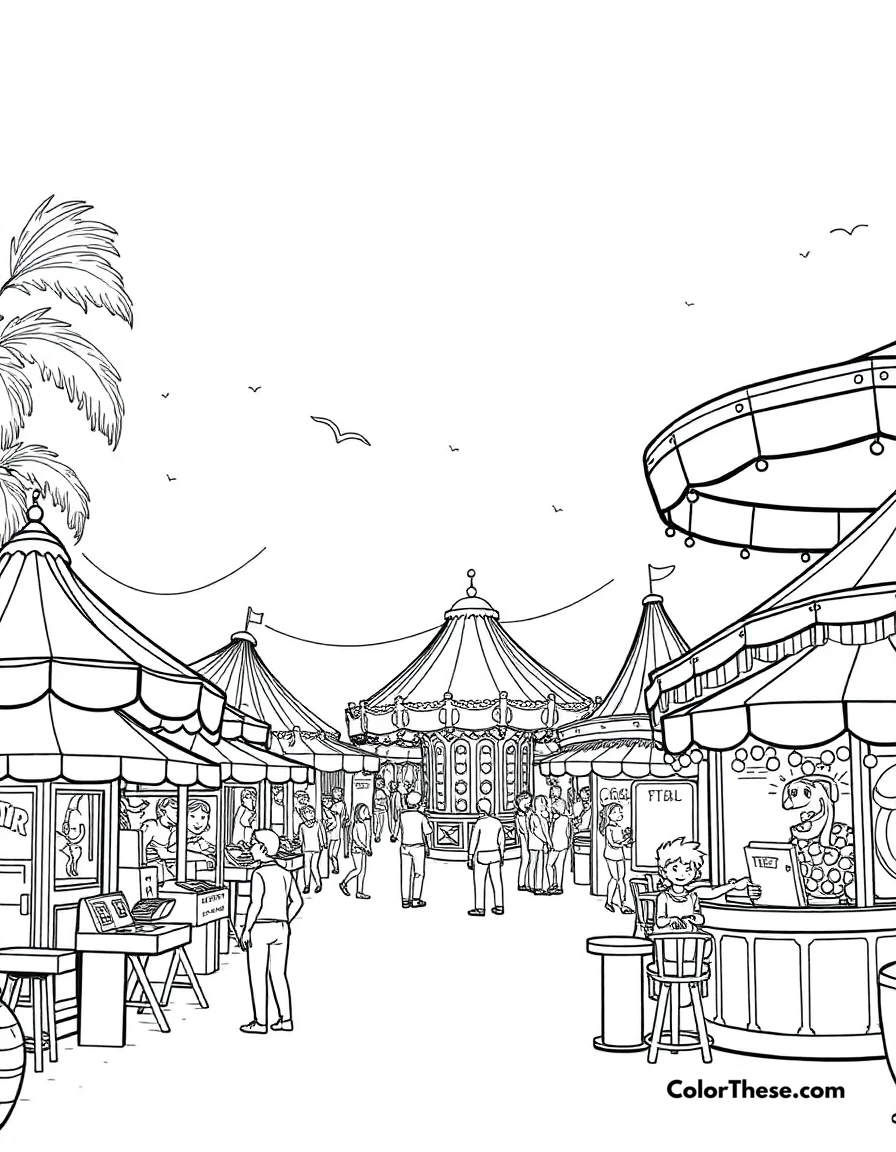 Free printable summer carnival coloring page for kids and adults. A lively summer carnival with rides and games.