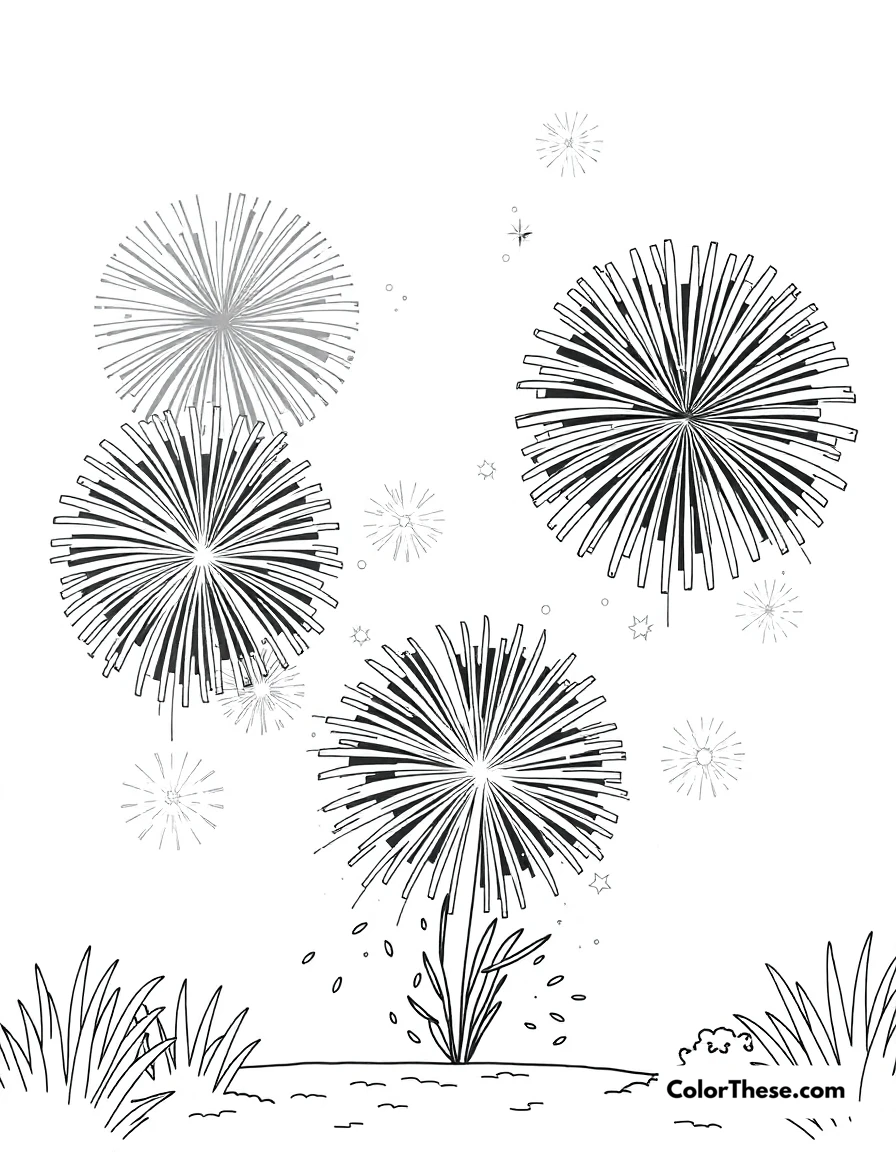 Free printable summer fireworks coloring page for kids and adults. A fireworks display lighting up the summer night.