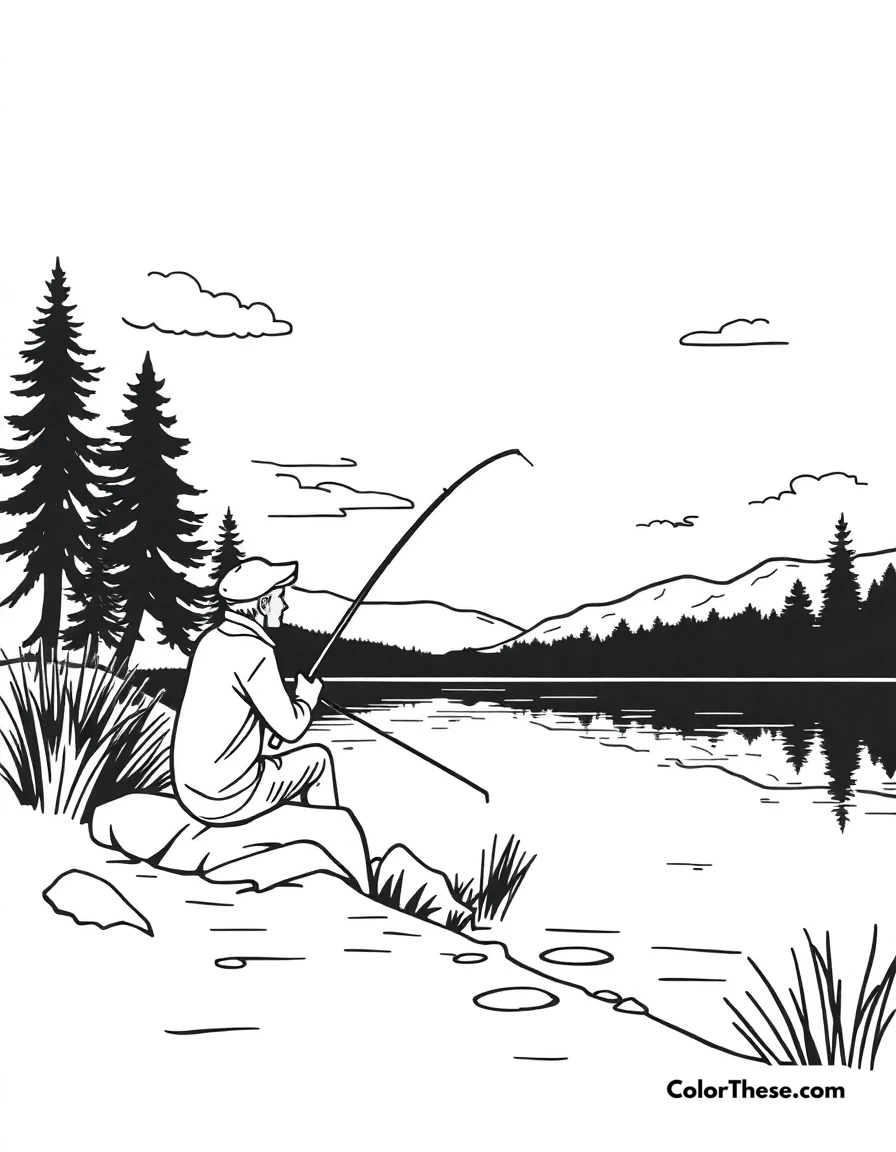 Free printable summer fishing coloring page for kids and adults. A relaxing day of fishing by the lake.