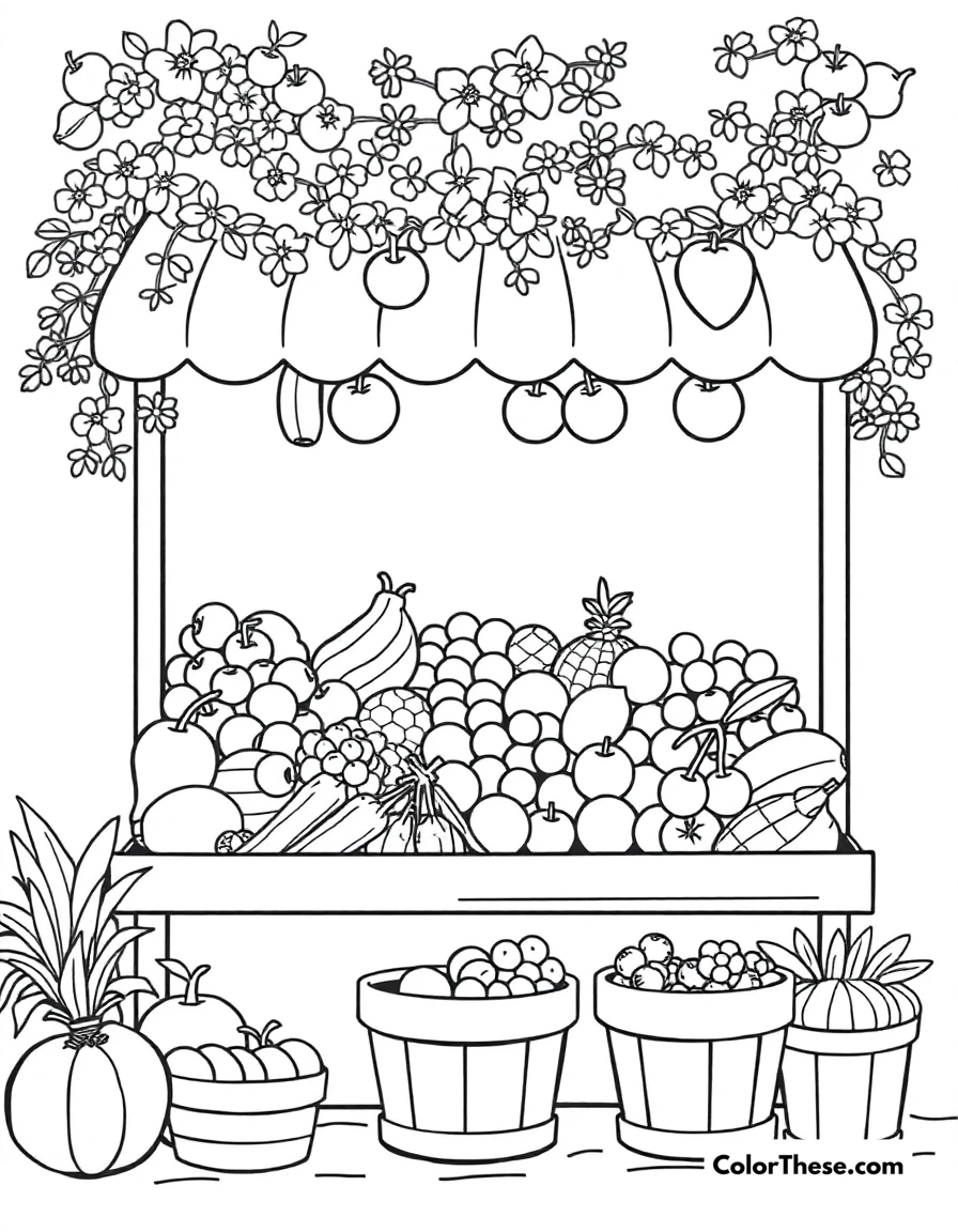 Free printable summer fruit stand coloring page for kids and adults. A fruit stand filled with fresh summer produce.