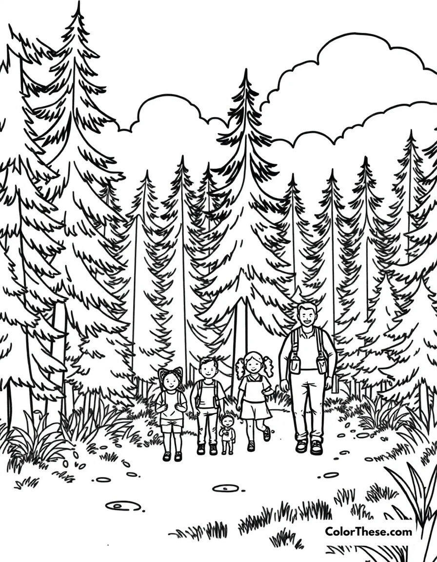 Free printable summer hiking coloring page for kids and adults. A family hiking through a summer forest.